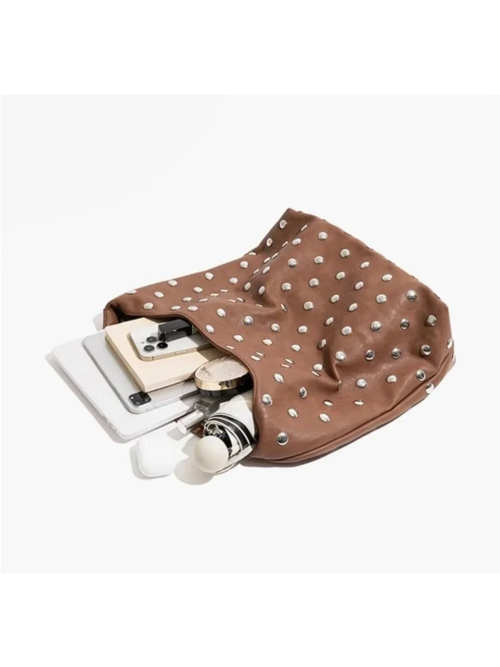Stylish Vegan Leather Studded Hobo Bag - Soft Slouchy Tote Handbag for Women